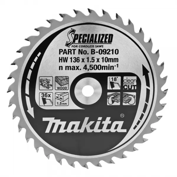 Kotouč pilový dřevo SPECIALIZED 136x1.5x10mm 36Z pro aku pily Makita B-09210