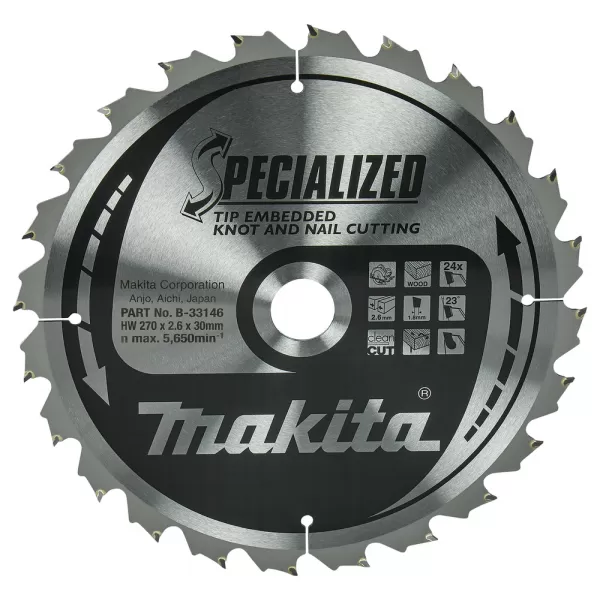 Kotouč pilový dřevo SPECIALIZED se zapuštěnými zuby 270x2.6x30mm 24Z Makita B-33146