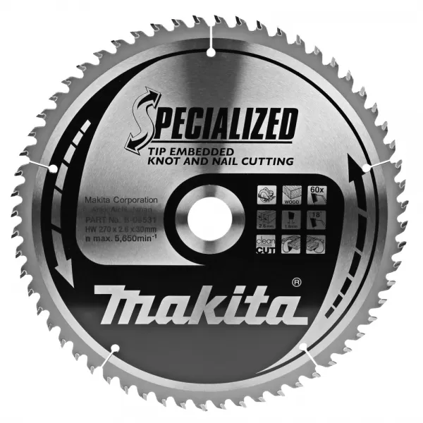 Kotouč pilový dřevo SPECIALIZED se zapuštěnými zuby 270x2.6x30mm 60Z Makita B-09531