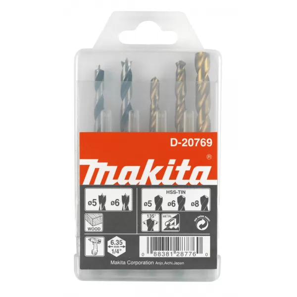 Sada vrtáků šestihran 1/4" do kovu/dřeva 5 ks v plastové krabičce Makita D-20769